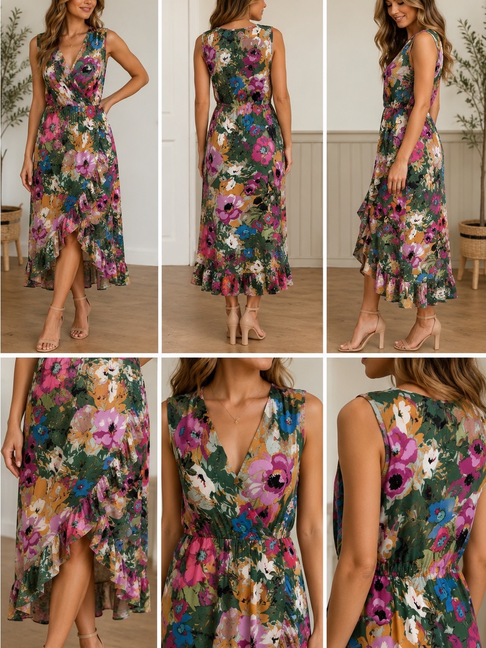 Tracy Reese Green Multi Floral High-Low Midi Dress